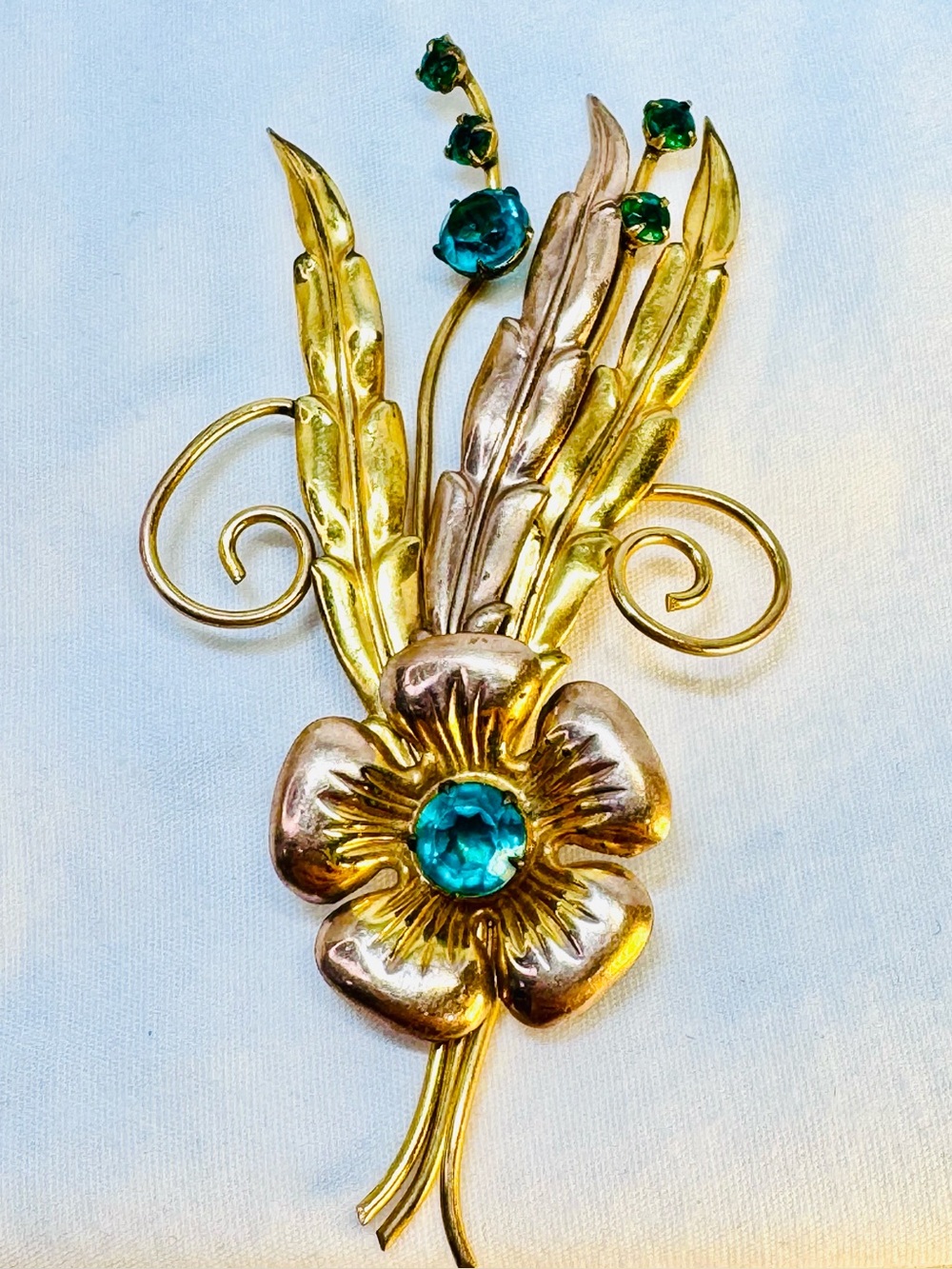 Vintage Gold-Filled Floral Brooch with Blue Green Rhinestones-Art Deco Style Cos